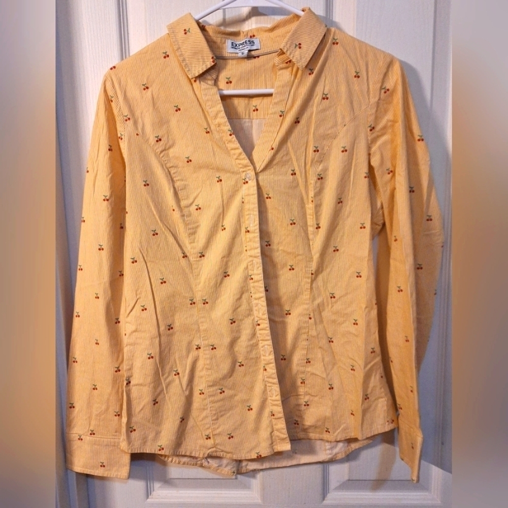 Express Yellow Stripe Button Up Shirt Cherry Embroidery Medium